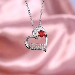 New 925 Silver Diamond Ruby Mom Heart Necklace